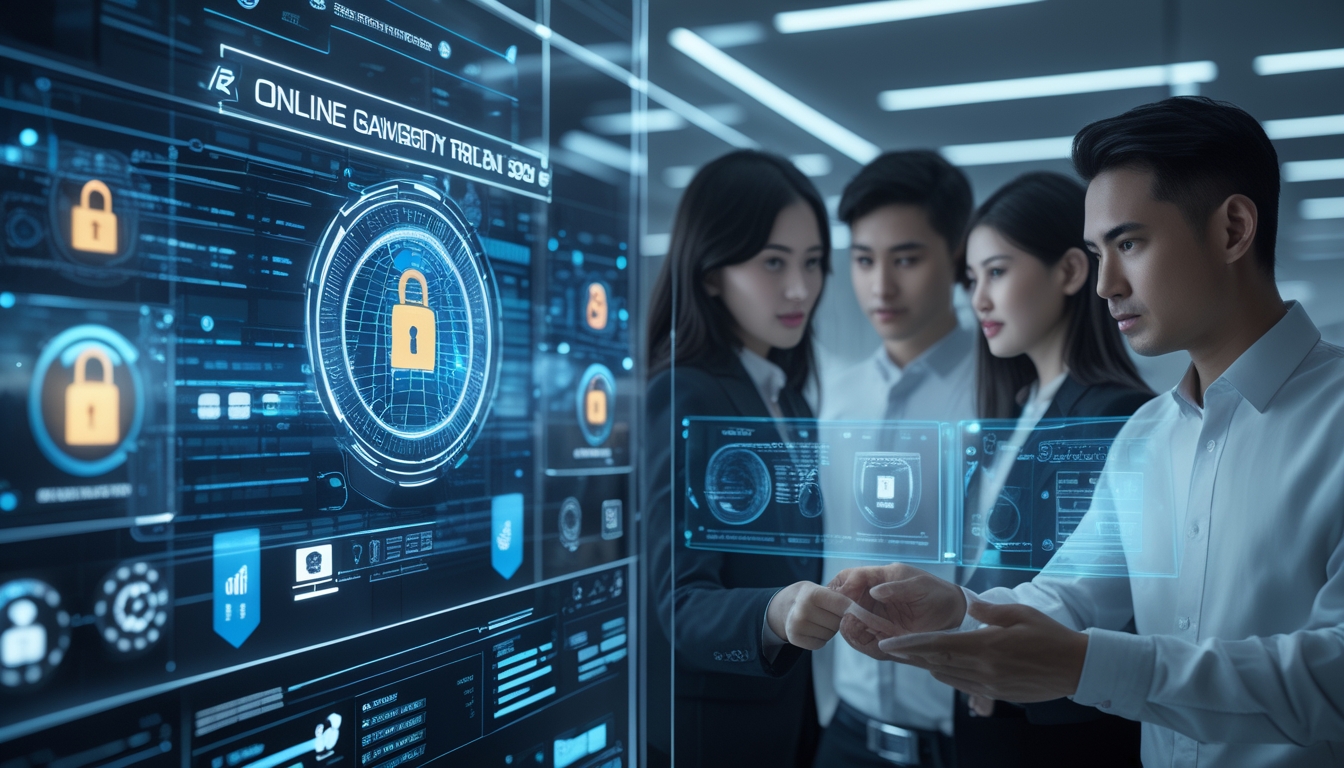 Sekelompok profesional Asia menggunakan teknologi keamanan digital canggih di kantor modern untuk memastikan keamanan judi online.