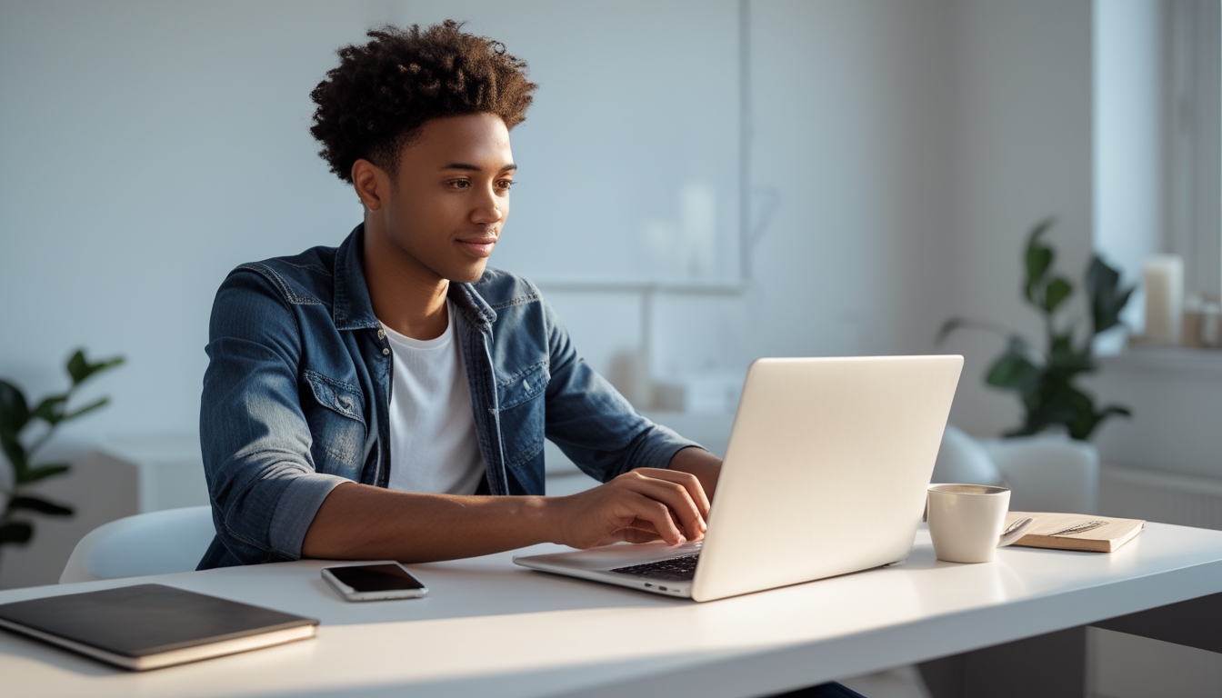Seorang dewasa muda duduk di meja modern menggunakan laptop untuk bermain judi online dengan ekspresi fokus di ruang kerja yang rapi dan terang.