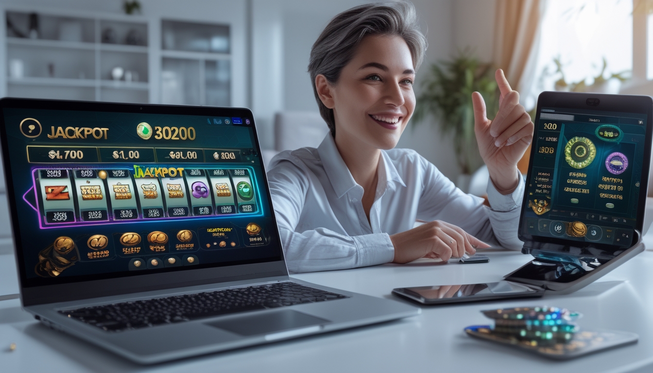 Seseorang menggunakan laptop dan ponsel di ruang santai dengan tampilan permainan judi online dan suasana yang modern.