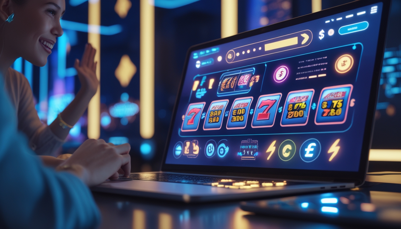 Seseorang menggunakan perangkat digital dengan tampilan kasino online yang menampilkan mesin slot berwarna-warni dan simbol jackpot, dengan latar belakang modern dan elemen yang menunjukkan transaksi cepat dan kemenangan.