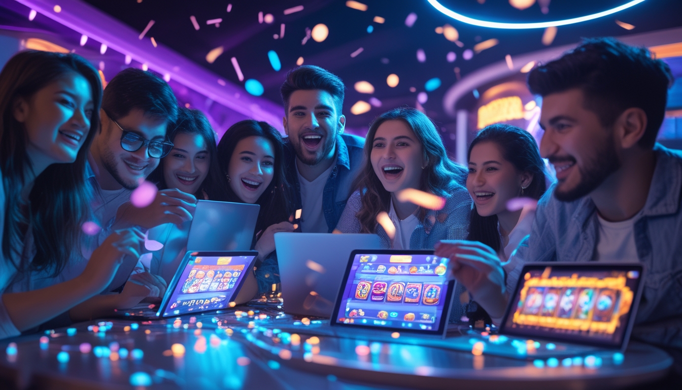 Sekelompok orang muda bermain game kasino online dengan perangkat digital di lingkungan modern yang penuh semangat dan warna-warni.