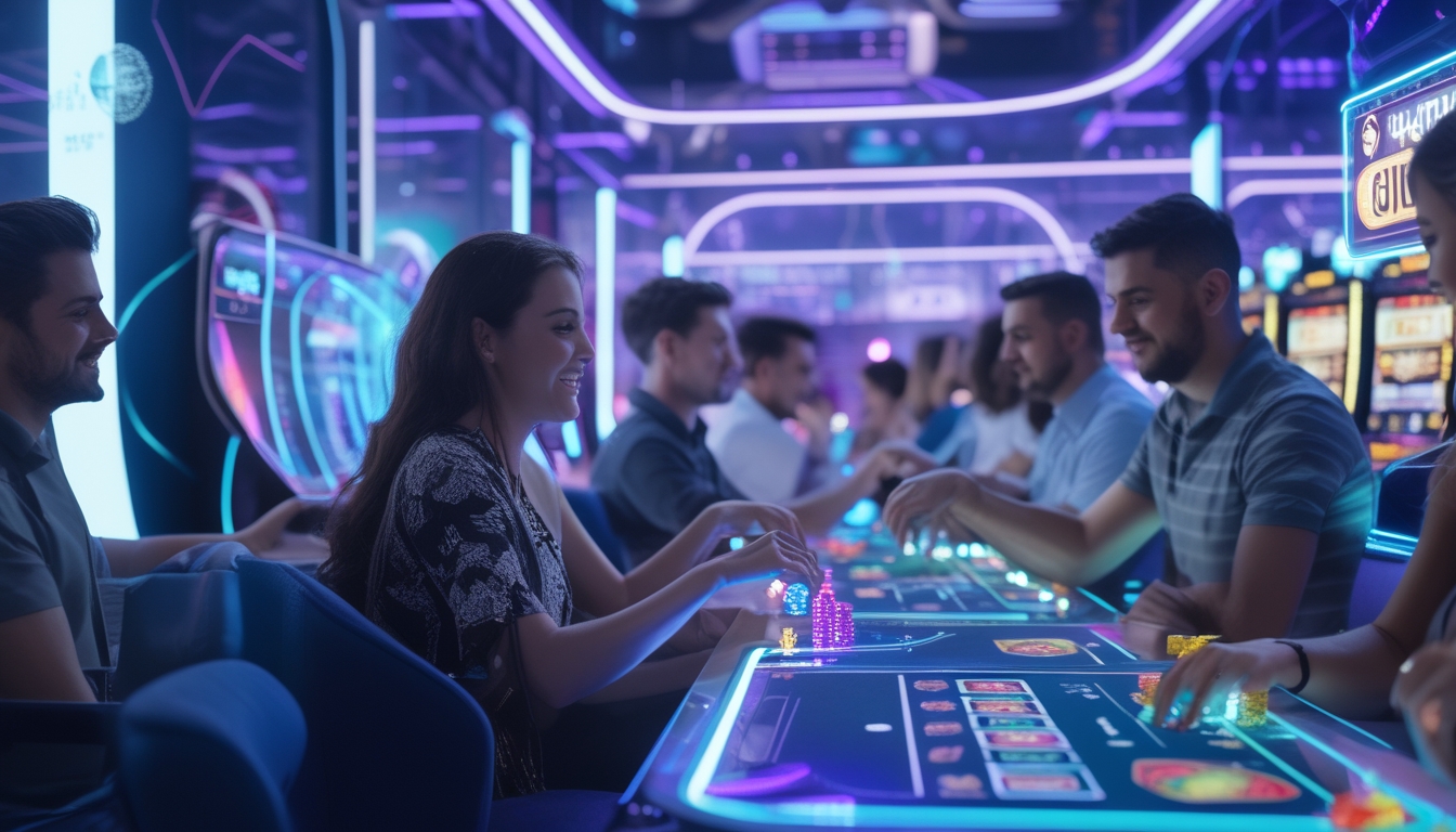 Beberapa orang menggunakan perangkat digital futuristik untuk bermain judi online dengan antusias di sebuah ruang modern yang terang dan berteknologi tinggi.