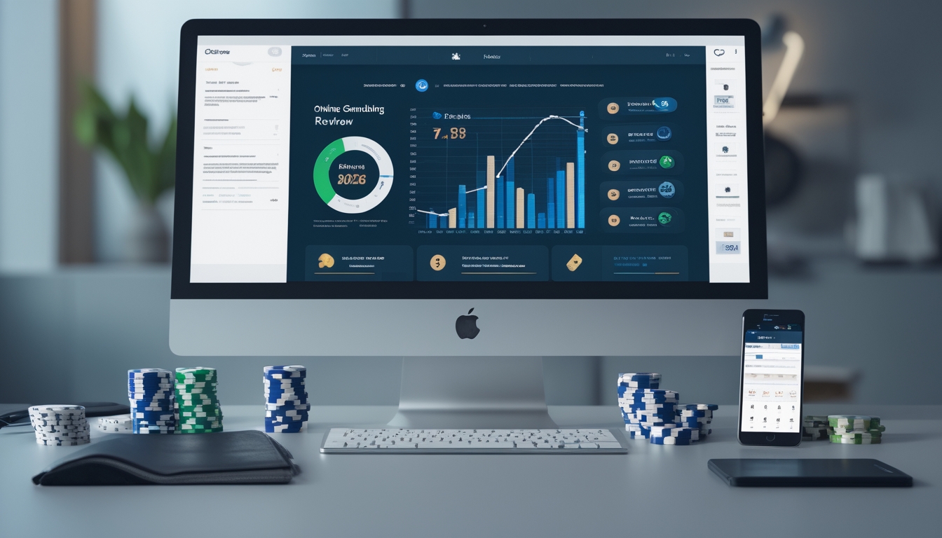 Suasana ruang kerja modern dengan komputer menampilkan grafik dan ikon pembayaran, serta elemen judi online seperti chip poker dan kartu bermain.