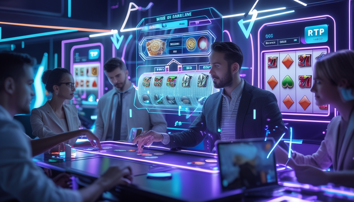 Orang-orang menggunakan perangkat digital futuristik untuk bermain judi online dengan antarmuka holografik di lingkungan berteknologi tinggi.