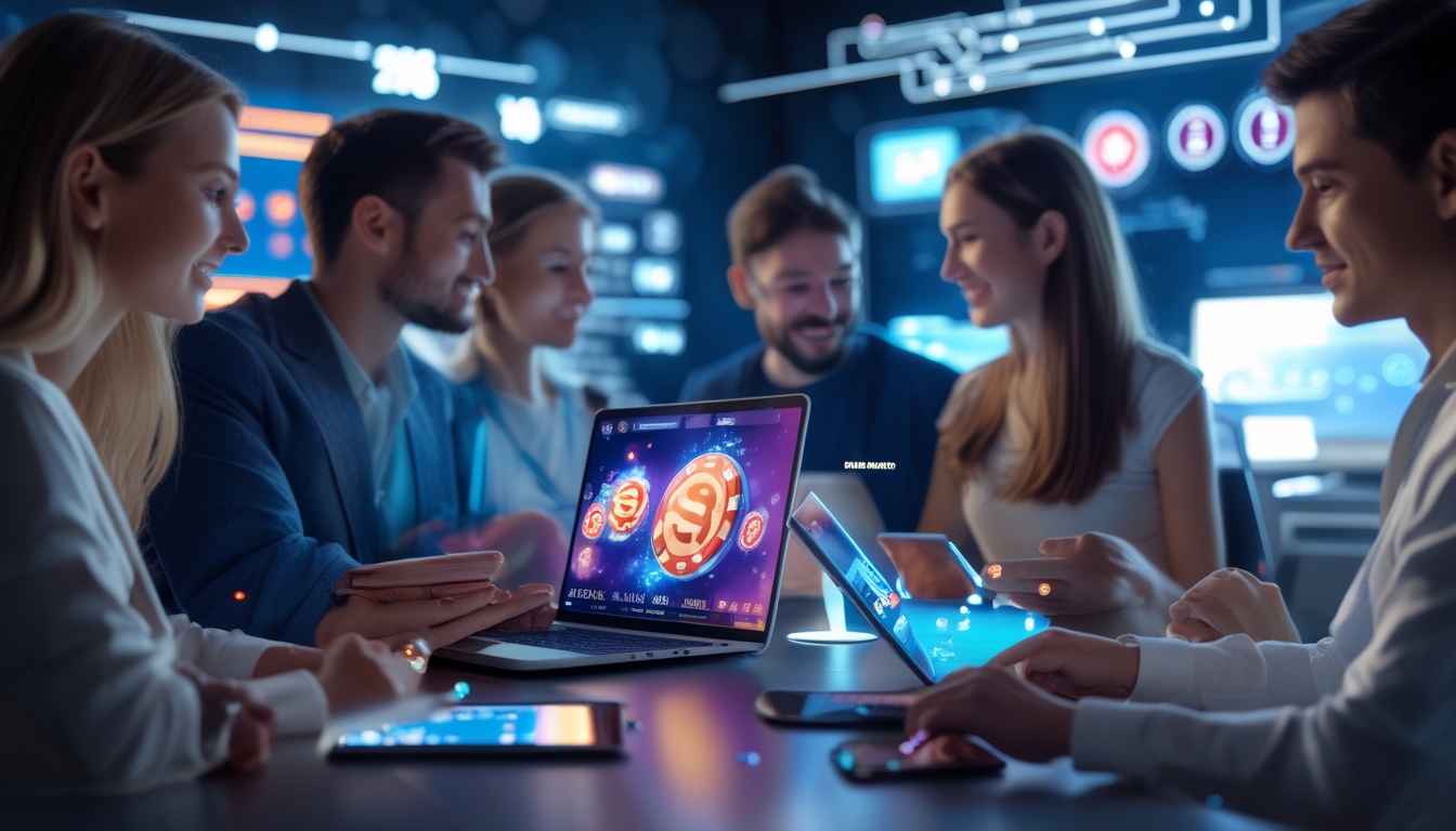 Orang-orang menggunakan perangkat digital untuk bermain judi online di lingkungan modern dengan suasana profesional dan teknologi tinggi.