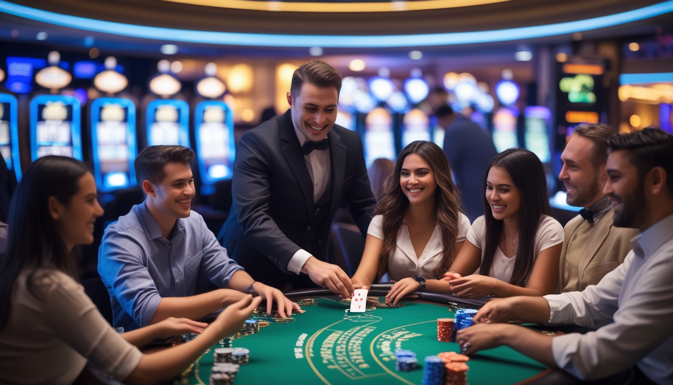 Sekelompok orang bermain blackjack di meja kasino dengan dealer yang ramah, suasana kasino yang cerah dan penuh semangat.