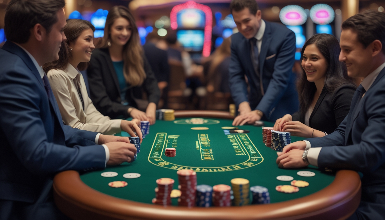 Meja blackjack di kasino dengan beberapa orang bermain dan seorang dealer sedang membagikan kartu.