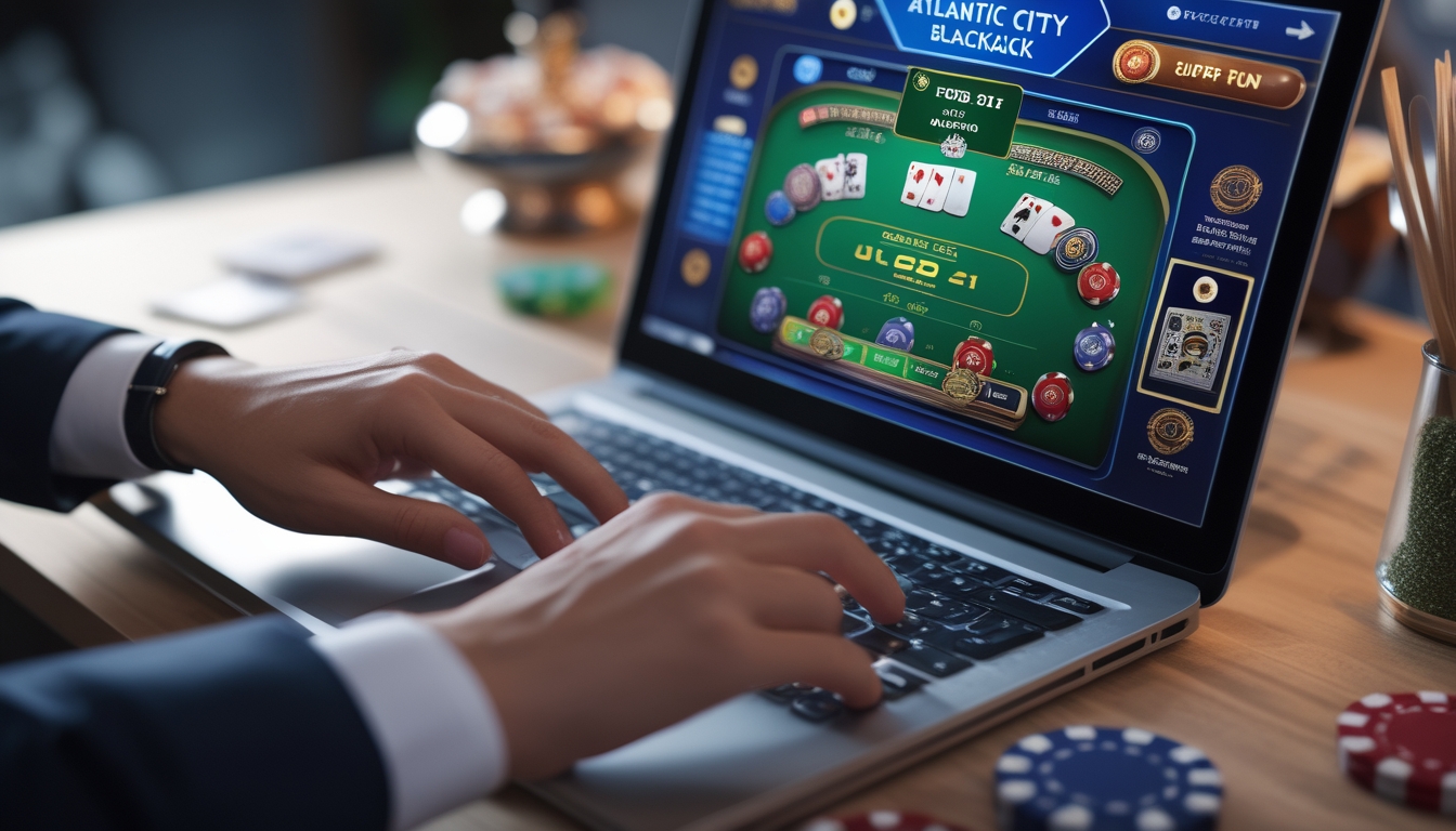 Seseorang sedang bermain blackjack online di komputer dengan layar menampilkan meja permainan dan kartu.