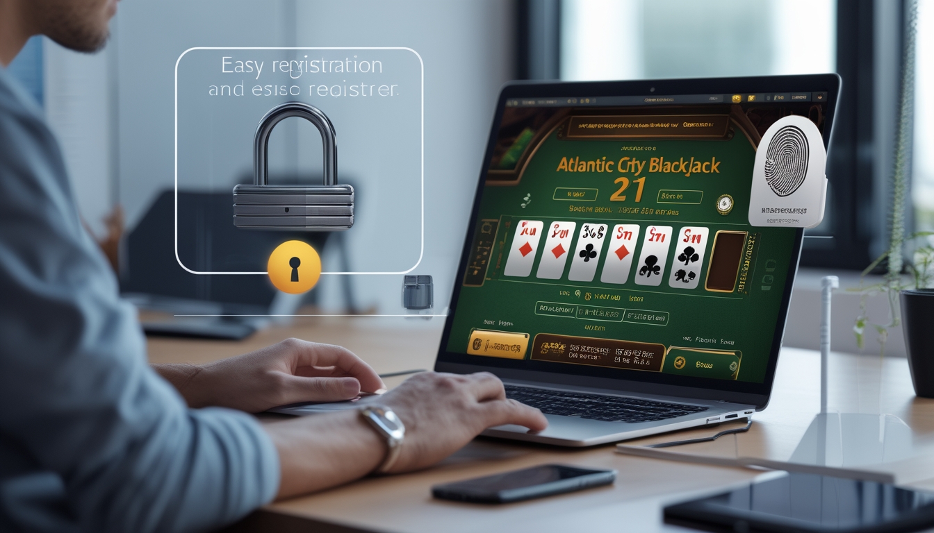 Seseorang sedang menggunakan laptop untuk bermain blackjack online di meja kerja yang rapi dengan elemen keamanan akun seperti ikon gembok dan pemindai sidik jari di ponsel.