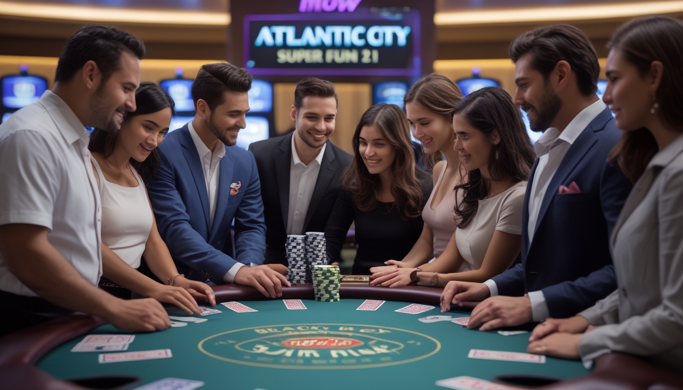 Beberapa pemain baru sedang belajar bermain blackjack di meja kasino dengan dealer yang ramah di Atlantic City.