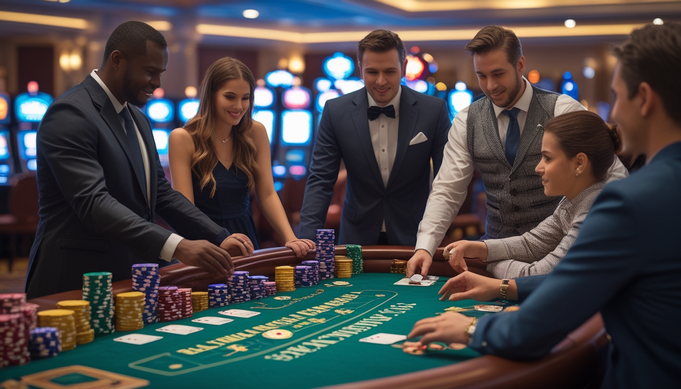 Meja permainan blackjack di kasino dengan pemain dan dealer yang sedang bermain dan belajar strategi.