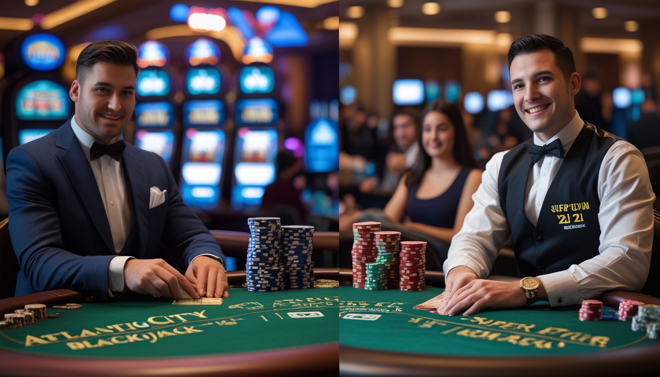 Dua meja blackjack di kasino dengan dealer dan pemain, menunjukkan perbedaan antara Atlantic City Blackjack dan Super Fun 21.