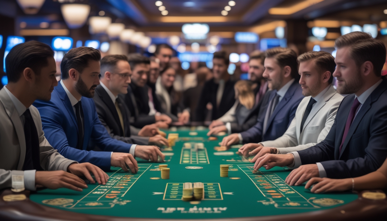 Suasana kasino dengan dua meja blackjack yang berbeda, menampilkan pemain dan dealer yang sedang bermain kartu.