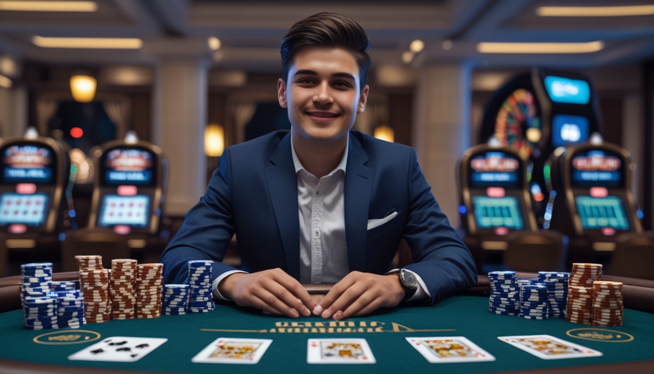 Seseorang duduk di meja kasino dengan kartu blackjack dan Super Fun 21, tersenyum dan fokus bermain.