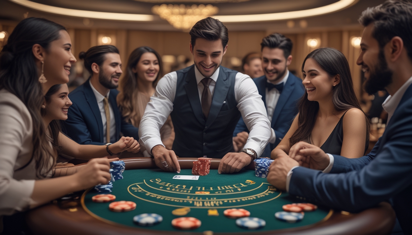 Meja blackjack dengan dealer dan pemain yang sedang bermain di suasana kasino yang mewah.