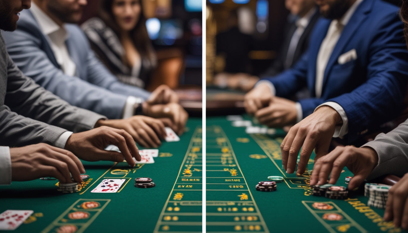 Meja kasino dengan dua permainan blackjack berbeda sedang dimainkan oleh beberapa orang di lingkungan kasino yang terang dan profesional.