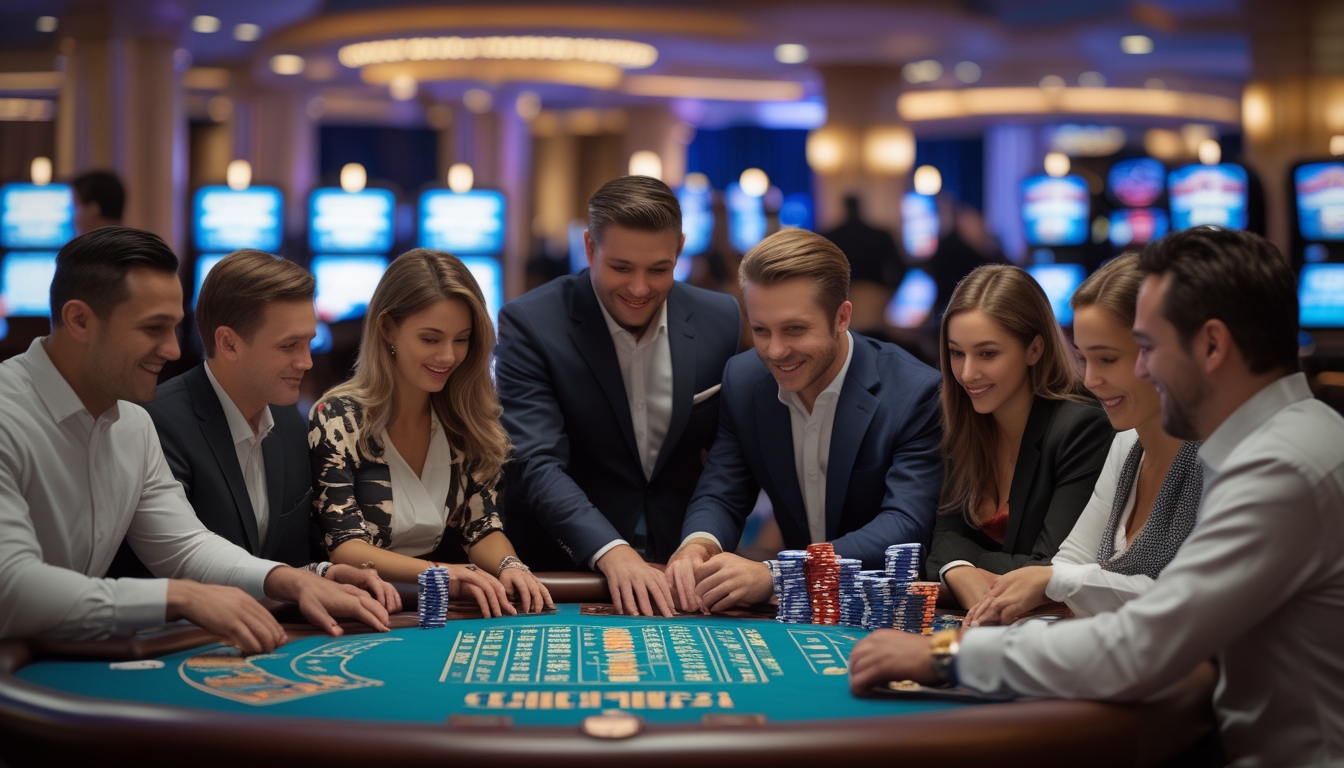 Beberapa pemain dan dealer sedang bermain blackjack di sebuah meja kasino yang ramai di Atlantic City.
