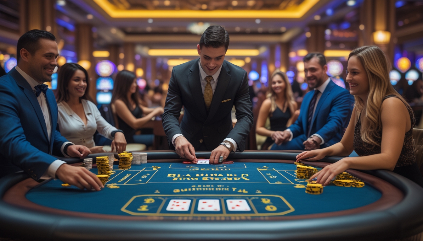 Suasana meja blackjack di kasino dengan dealer dan pemain yang sedang bermain kartu.