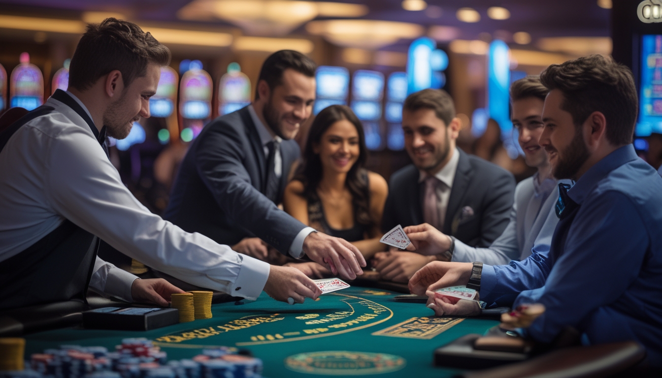 Meja blackjack di kasino dengan dealer dan pemain yang sedang bermain kartu di suasana yang ramai dan elegan.