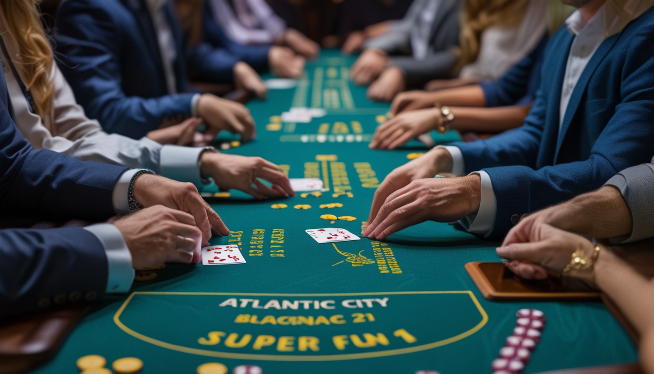 Pemandangan meja kasino dengan dealer membagikan kartu blackjack kepada pemain yang fokus bermain.