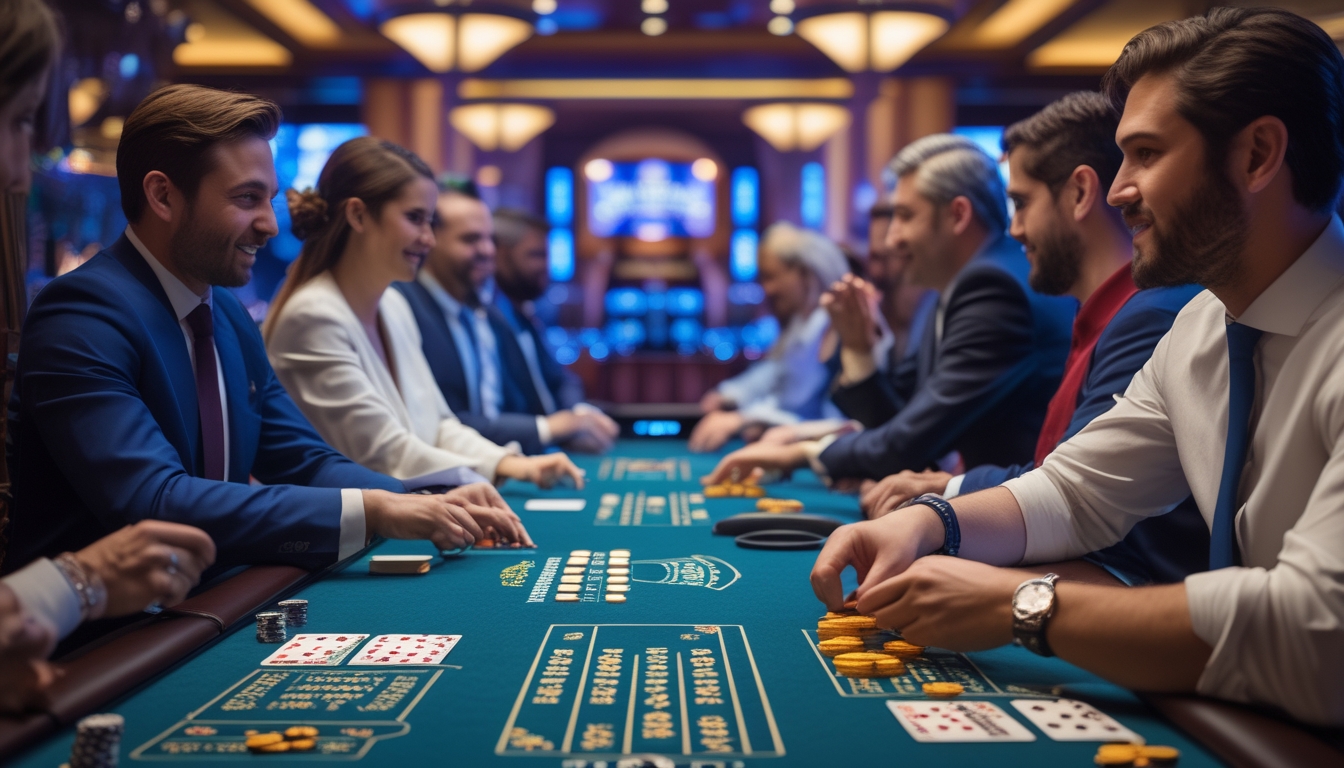 Suasana kasino dengan dua meja blackjack yang berbeda, pemain dan dealer sedang bermain kartu dengan tumpukan chip di atas meja.