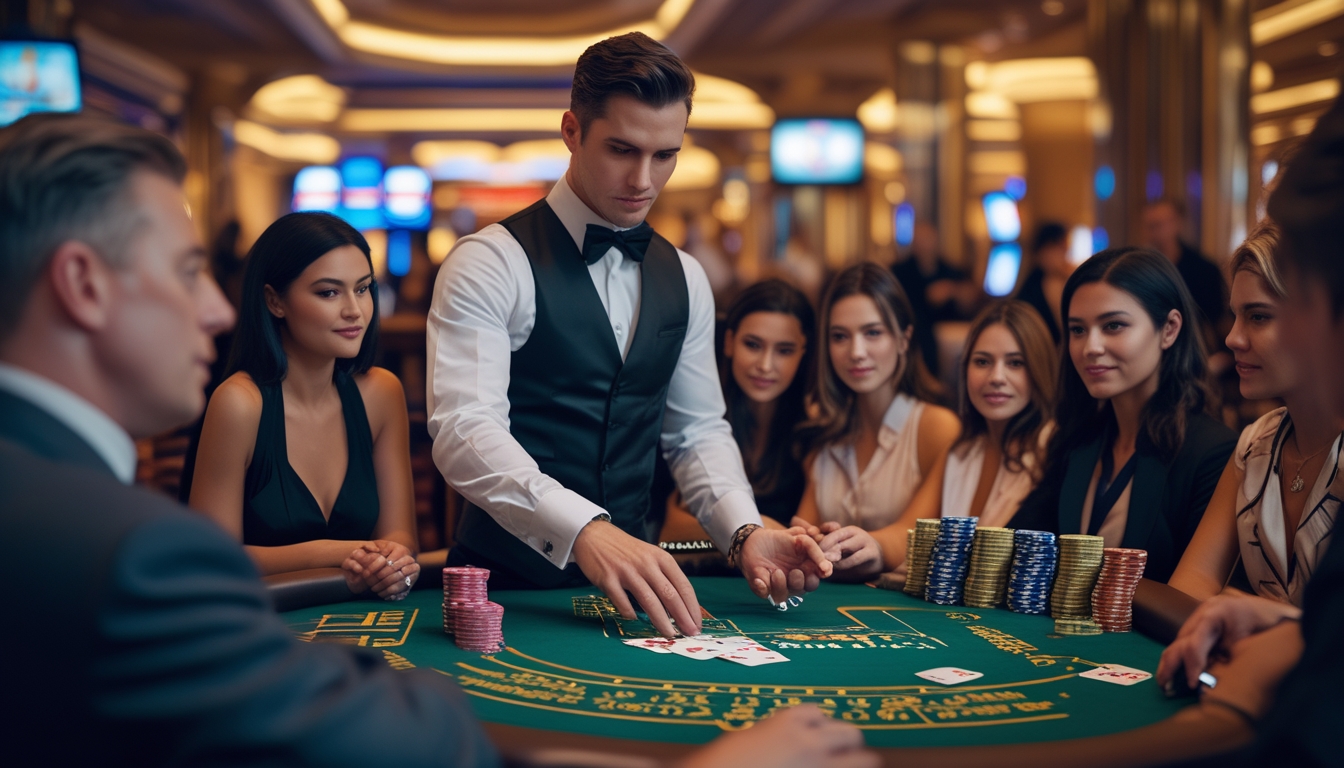 Meja blackjack di kasino dengan dealer dan beberapa pemain yang fokus bermain kartu.
