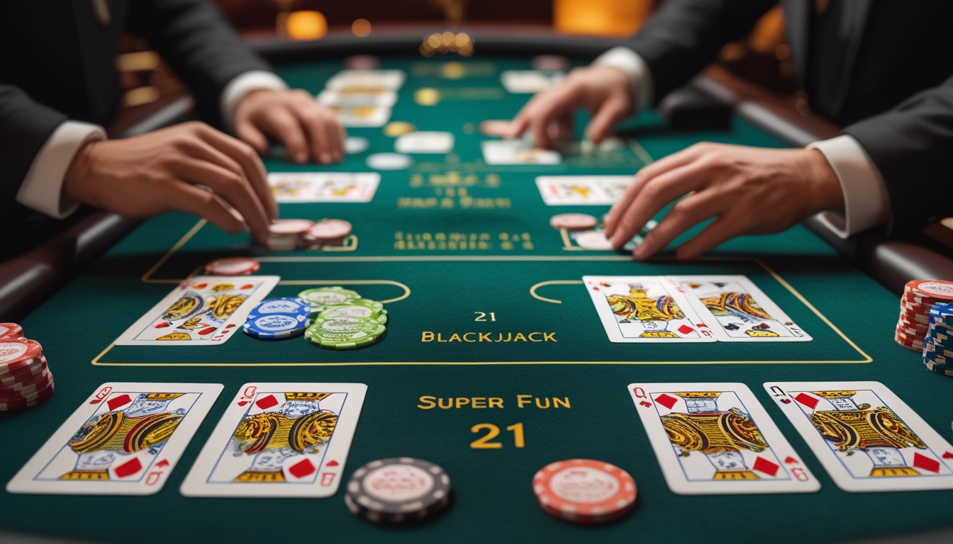 Meja blackjack di kasino dengan kartu dan chip yang tersusun rapi, menampilkan dua variasi permainan blackjack.