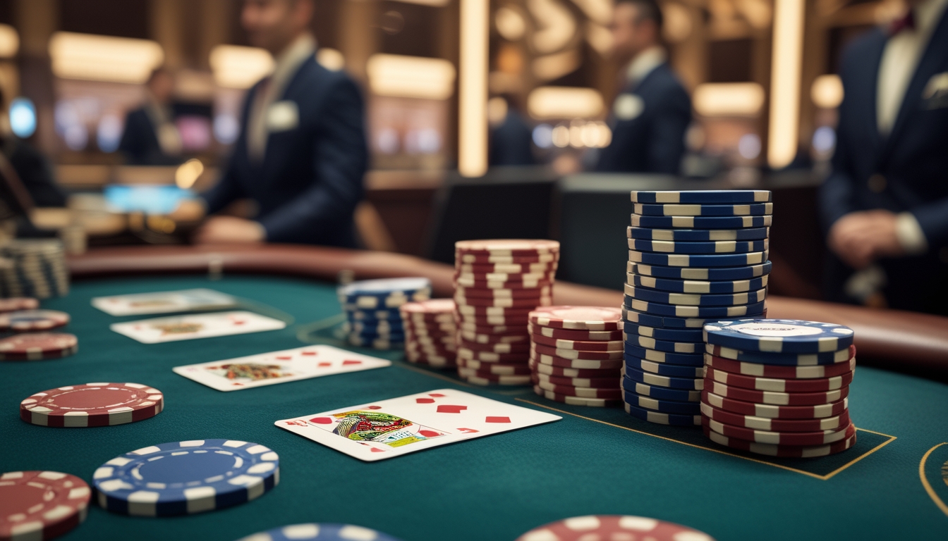 Meja baccarat mewah dengan kartu dan tumpukan chip poker berwarna-warni di kasino yang elegan.