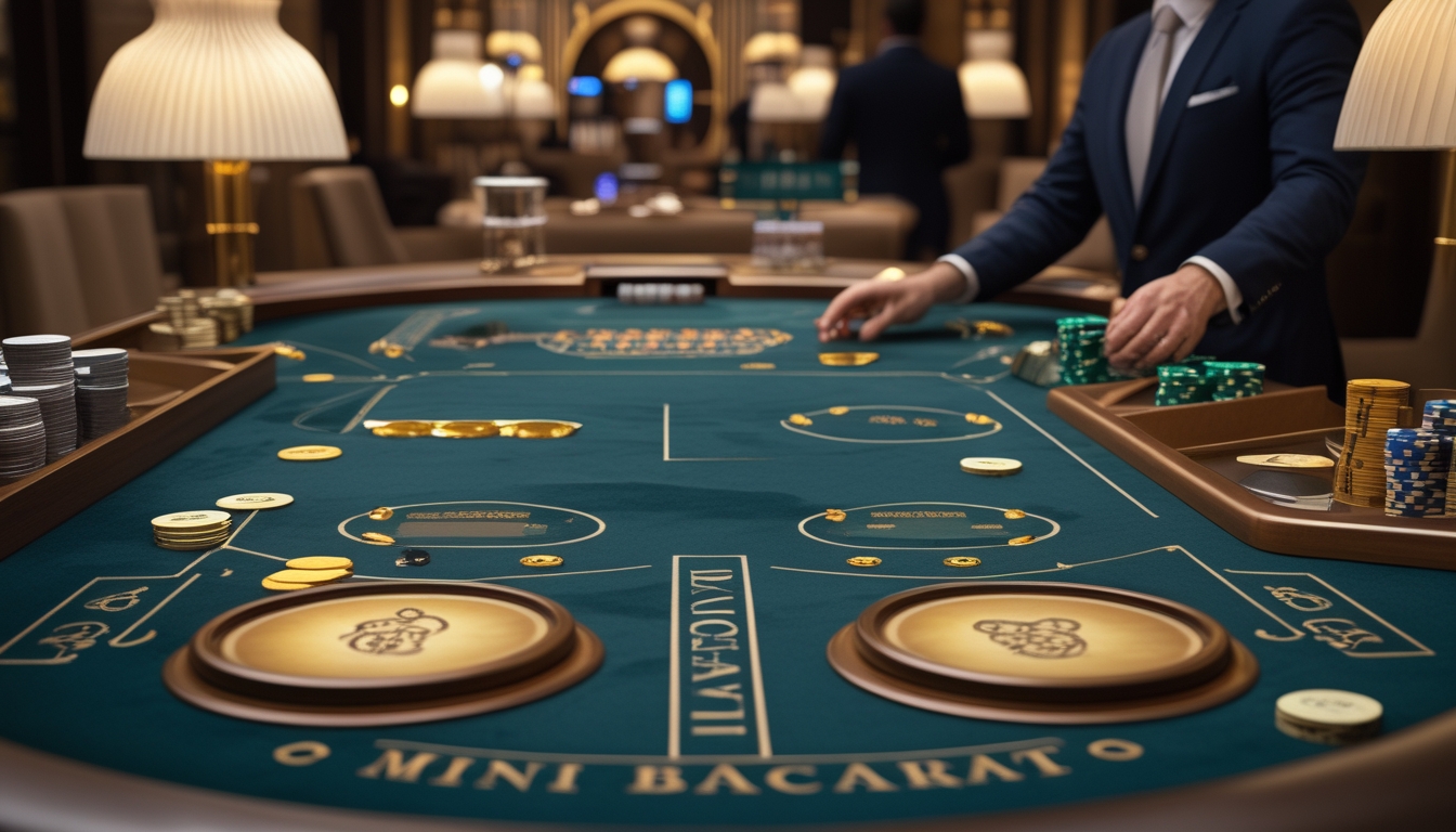 Dua meja baccarat berdampingan di kasino, satu kecil dan sederhana, satu besar dan mewah dengan dealer di latar belakang.