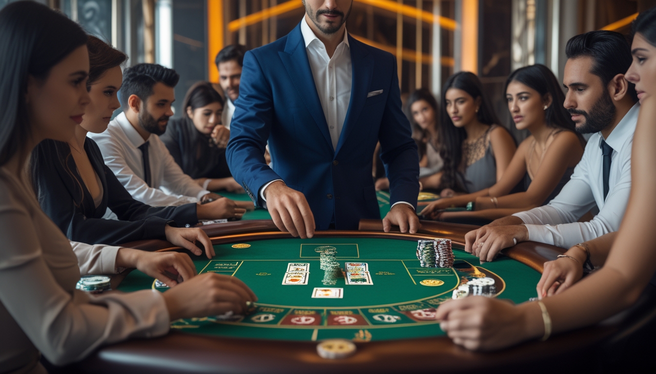 Seorang dealer dan beberapa pemain sedang bermain baccarat di meja kasino dengan suasana mewah dan pencahayaan hangat.