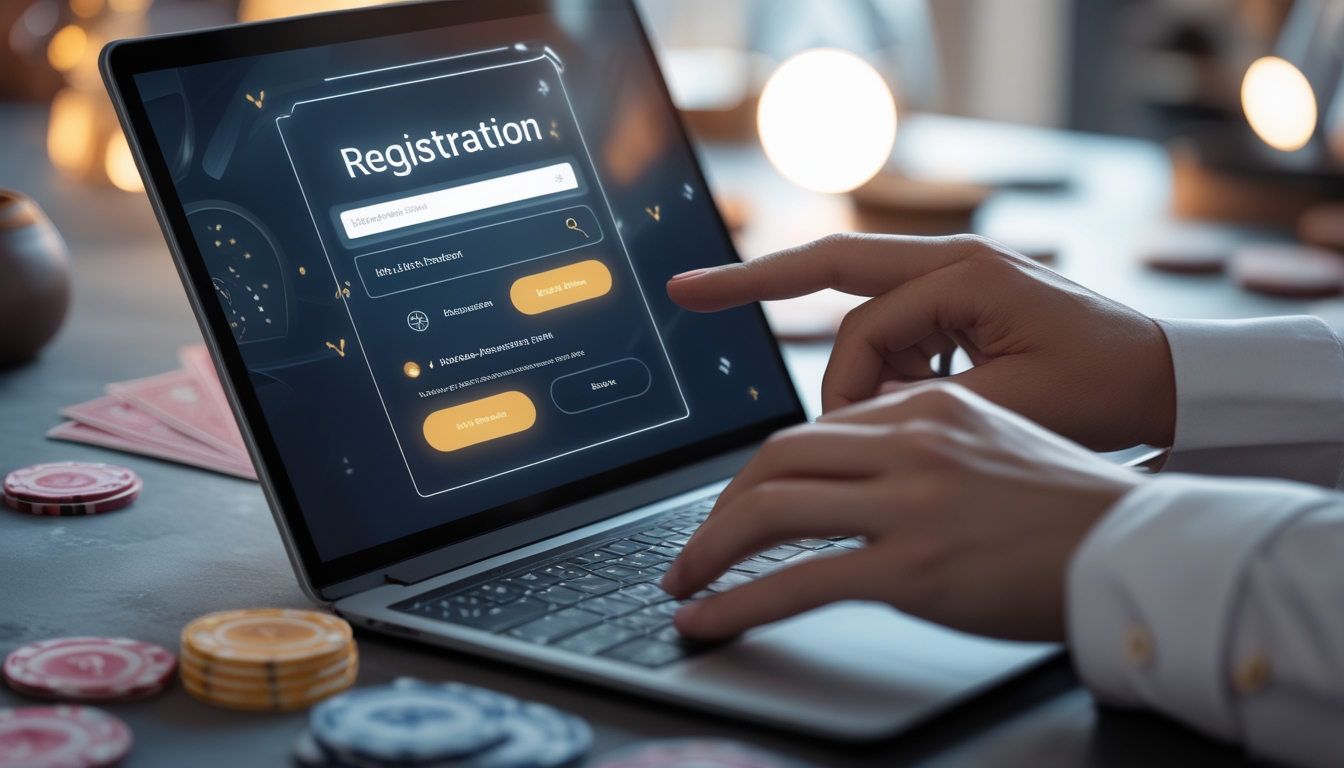 Tangan seseorang menggunakan laptop dengan tampilan formulir pendaftaran online dan latar belakang elemen kartu remi dan chip kasino.