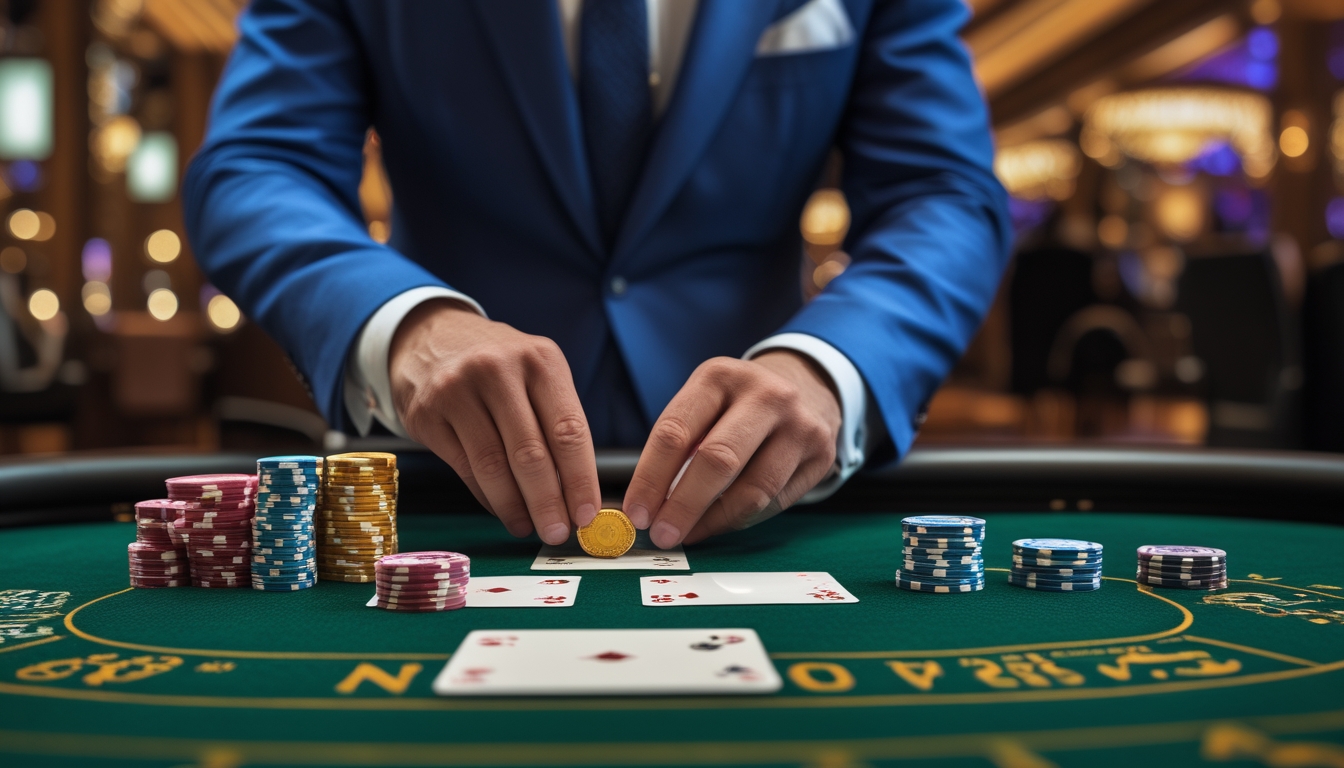 Meja baccarat mewah dengan dealer berpakaian rapi sedang membagikan kartu di kasino yang elegan.