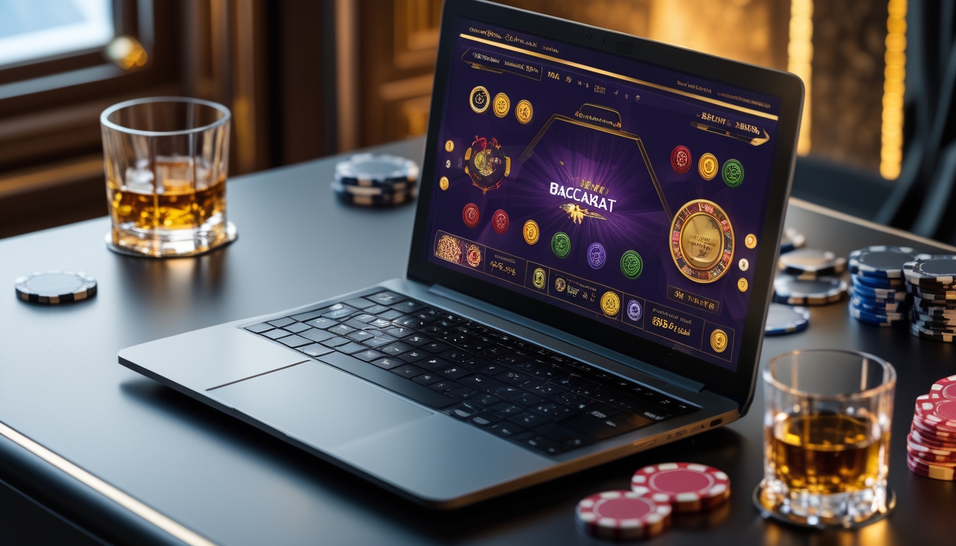 Seorang pemain sedang menggunakan komputer dengan permainan baccarat online di layar, dikelilingi oleh chip poker dan suasana ruangan yang nyaman dan mewah.
