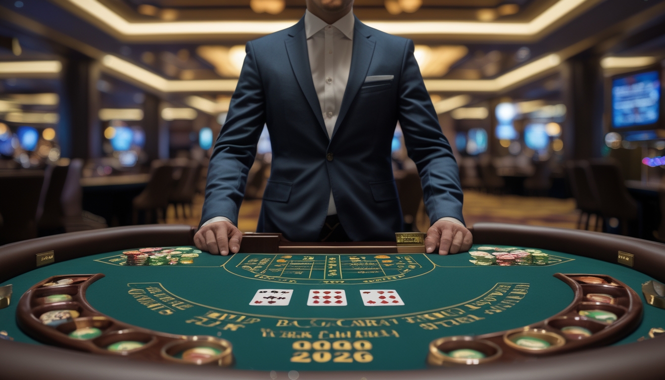 Seorang dealer berdiri di belakang meja baccarat dengan kartu dan chip, di dalam suasana kasino yang mewah dan terang.