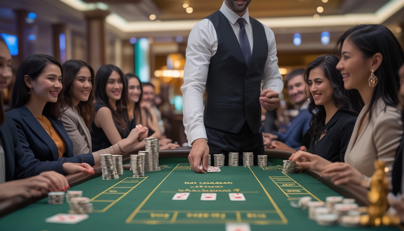 Suasana kasino mewah dengan dealer yang membagikan kartu di meja Mini Baccarat dan VIP Baccarat, dikelilingi oleh pemain yang fokus dan bersemangat.