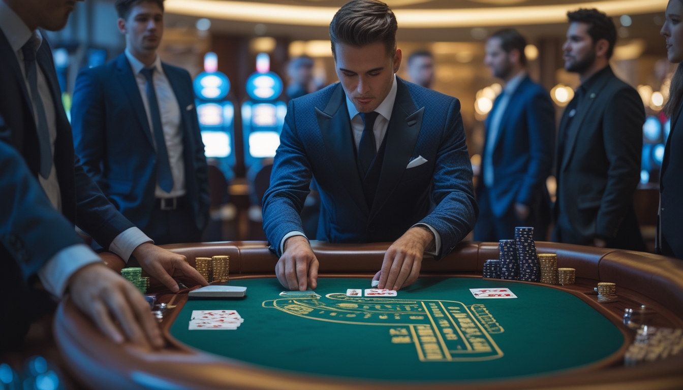 Seorang dealer di meja baccarat dengan pemain yang fokus di kasino modern yang elegan.