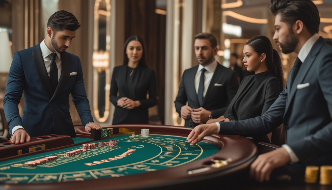 Meja baccarat di kasino mewah dengan dealer dan pemain yang sedang bermain kartu.