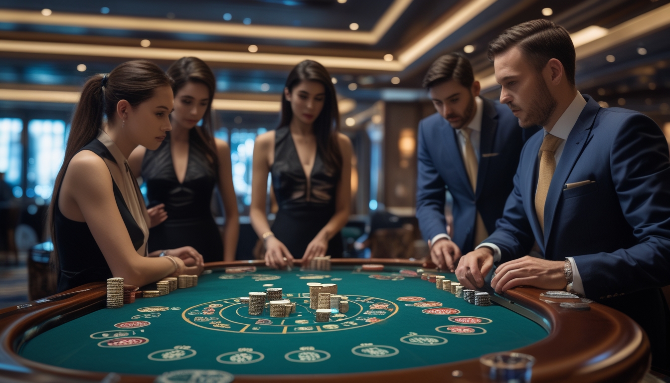 Suasana meja baccarat mewah dengan pemain berpakaian formal sedang bermain di kasino yang elegan.