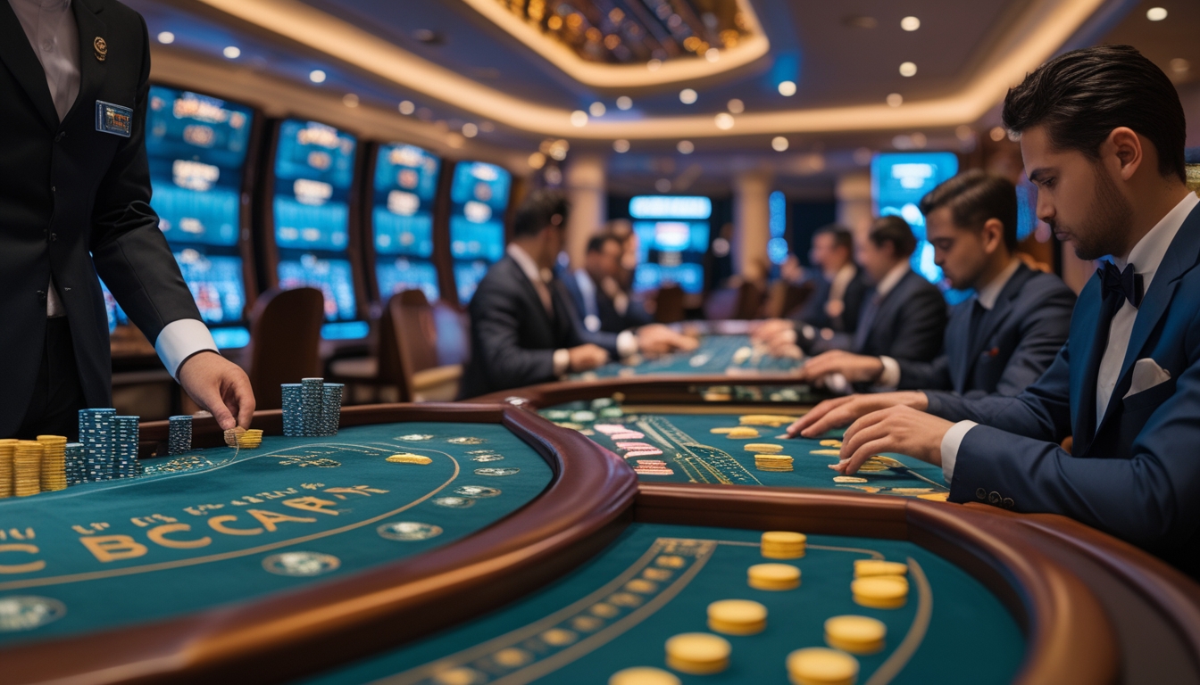 Seorang dealer di meja Mini Baccarat dengan pemain berpakaian formal di meja VIP Baccarat di dalam kasino mewah.