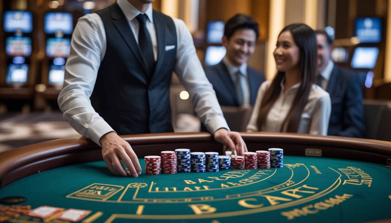 Seorang dealer berdiri di meja baccarat dengan dua pemain baru yang sedang belajar bermain di kasino yang elegan.