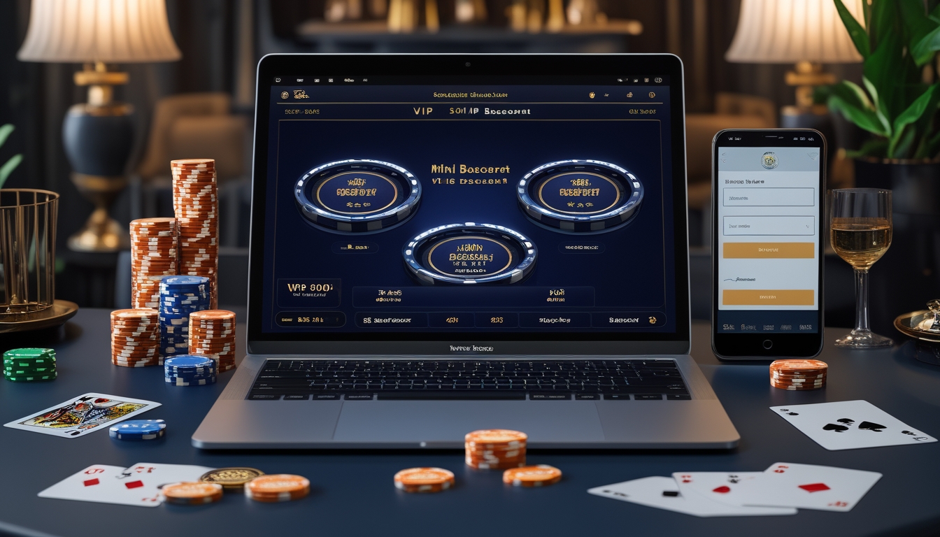 Meja kerja modern dengan laptop yang menampilkan permainan Mini Baccarat dan VIP Baccarat, dikelilingi oleh chip kasino dan kartu remi, menunjukkan persiapan akun untuk pemain baru.