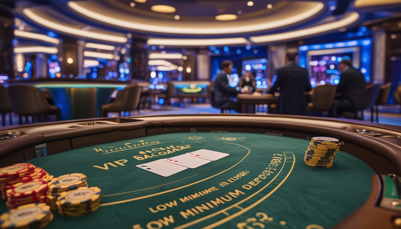 Meja baccarat mewah di kasino dengan kartu dan chip taruhan, serta beberapa pemain yang sedang bermain.