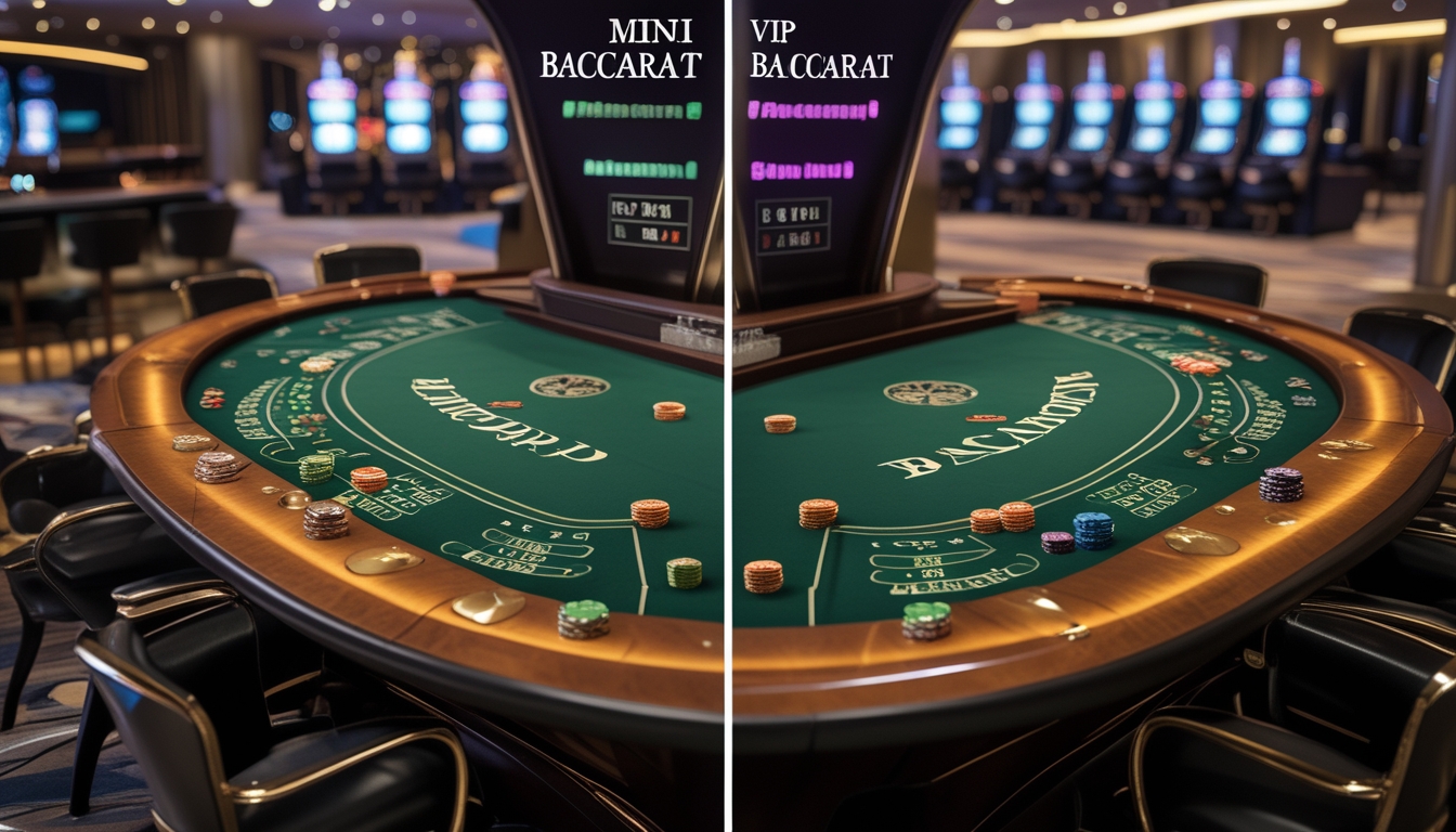 Dua meja baccarat berdampingan di kasino, satu meja Mini Baccarat yang kecil dan satu meja VIP Baccarat yang mewah dengan chip dan kartu bermain.