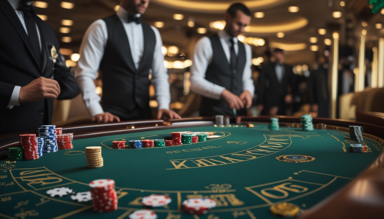 Meja baccarat mewah dengan pemain dan dealer yang sedang bermain di dalam kasino.