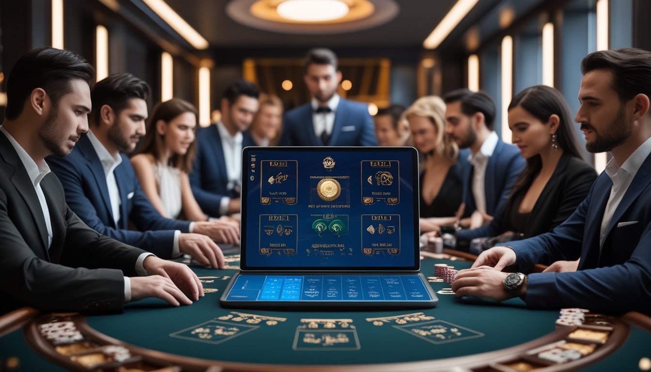 Sejumlah orang bermain Mini Baccarat di sebuah lounge kasino modern dengan suasana mewah dan pencahayaan hangat.