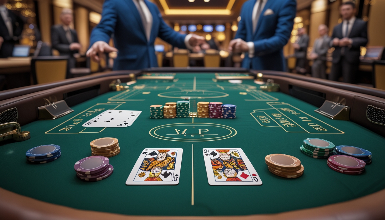 Meja kasino dengan permainan Mini Baccarat dan VIP Baccarat, lengkap dengan kartu, chip, dan perangkat permainan di lingkungan kasino mewah.