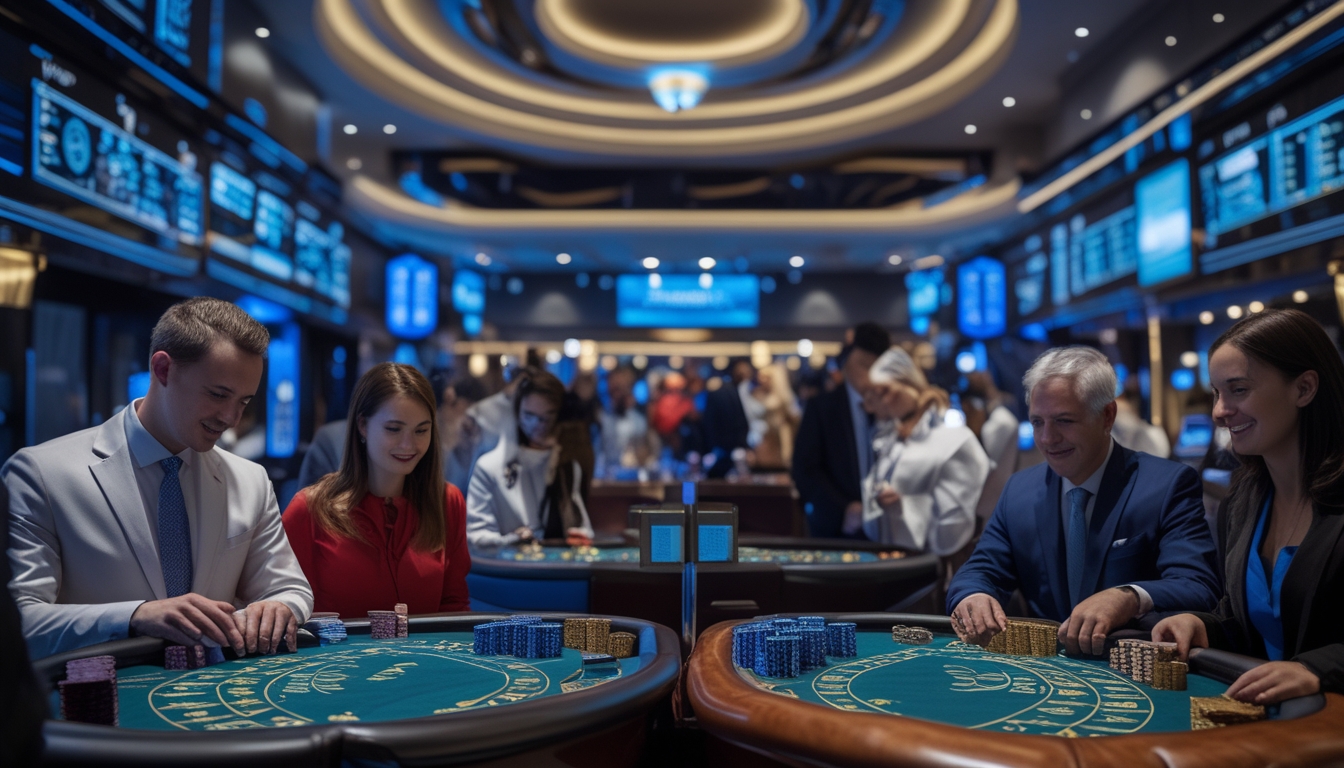 Suasana dua meja baccarat di kasino dengan pemain yang sedang bermain, satu meja lebih kecil dan kasual, satu meja lebih mewah dan eksklusif.