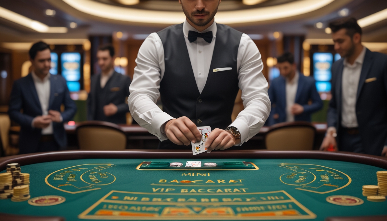 Seorang dealer yang rapi membagikan kartu di meja Mini Baccarat di kasino mewah dengan beberapa pemain yang duduk mengamati permainan.