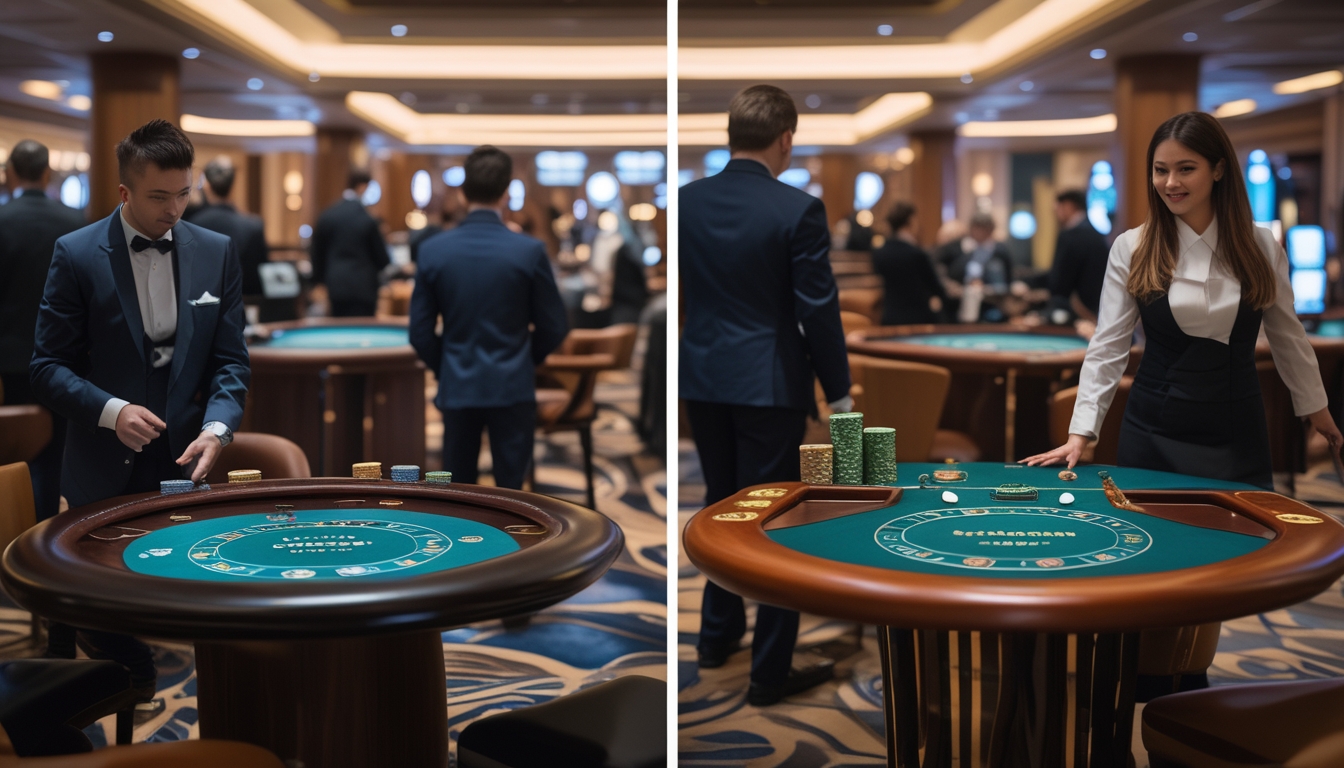 Suasana kasino dengan dua meja baccarat, satu kecil dan satu besar, dengan pemain dan dealer yang sedang bermain.