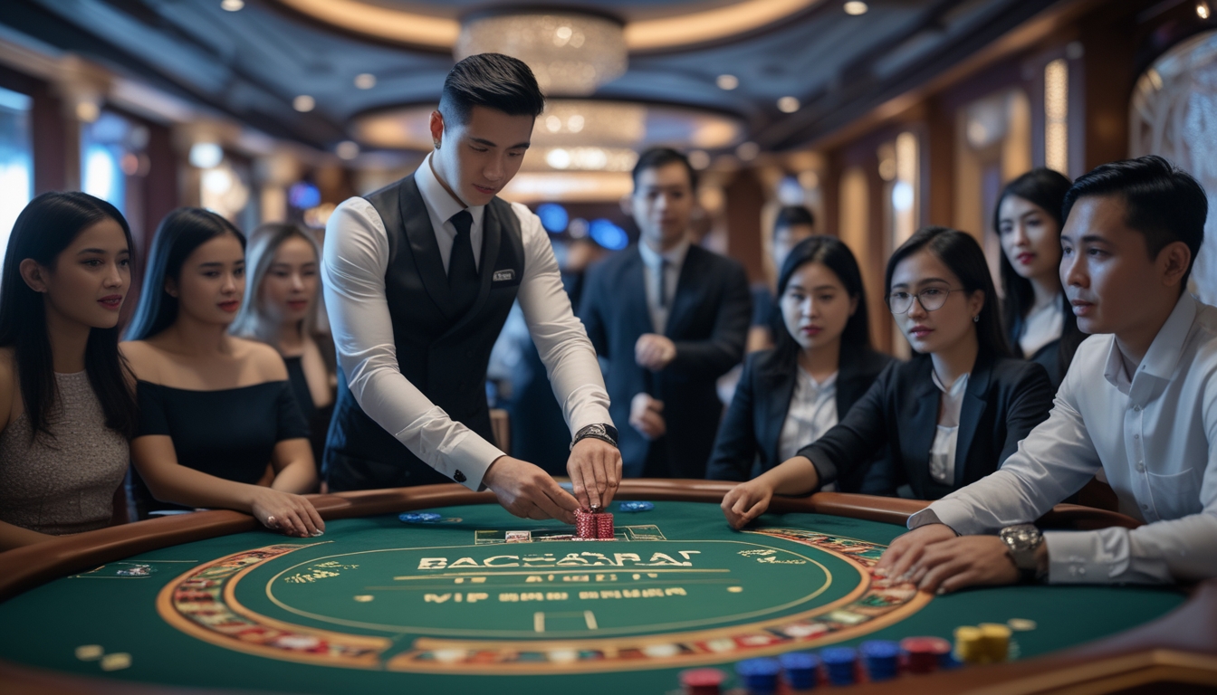 Seorang dealer dan beberapa pemain Indonesia sedang bermain Mini Baccarat dan VIP Baccarat di meja kasino yang elegan.